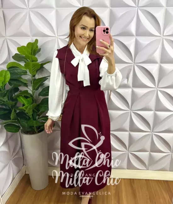 Vestido Crepe Alfaiataria Mídi Colete Diana - Cereja - Milla Chic