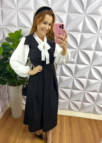 Vestido Crepe Alfaiataria Mídi Colete Diana - Preto - Milla Chic