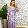 Vestido Crepe De Seda Longo Estampado Lourdes - Floral Lavanda - Milla Chic