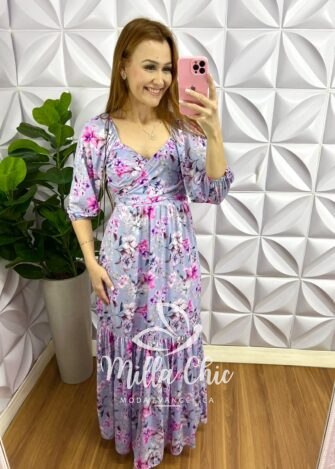 Vestido Crepe De Seda Longo Estampado Lourdes - Floral Lavanda - Milla Chic