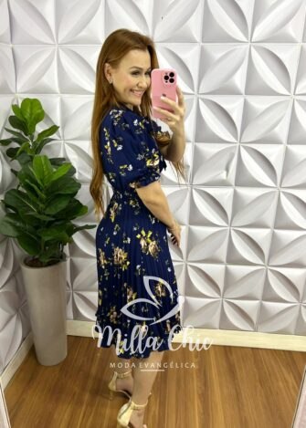 Vestido Crepinho Floral Com Saia Plissada Aurora - Azul - Milla Chic