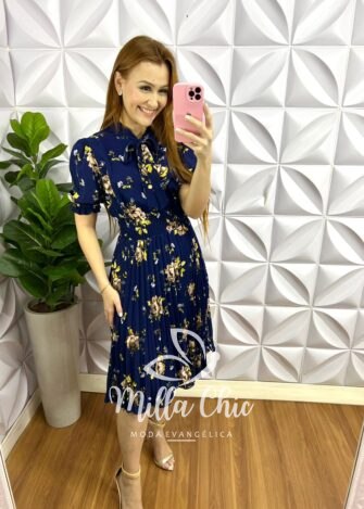 Vestido Crepinho Floral Com Saia Plissada Aurora - Azul - Milla Chic
