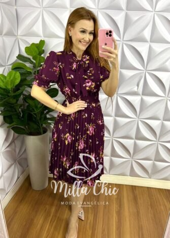 Vestido Crepinho Floral Com Saia Plissada Aurora - Cereja - Milla Chic