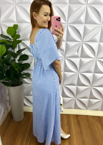 Vestido Crepinho Longo Listrado Manga Raglan Paola - Azul e Branco - Milla Chic