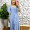 Vestido Crepinho Longo Listrado Manga Raglan Paola - Azul e Branco - Milla Chic