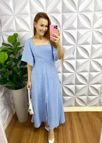 Vestido Crepinho Longo Listrado Manga Raglan Paola - Azul e Branco - Milla Chic
