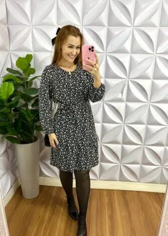 Vestido Crepinho Manga Longa Estampado Vanessa - Preto - Milla Chic
