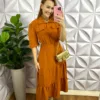 Vestido Dunna Mídi Com Botões Encapados Eliene - Mostarda - Milla Chic