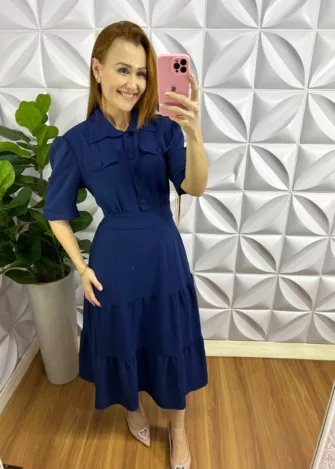 Vestido Dunna Mídi Com Botões Encapados Eliene - Azul - Milla Chic