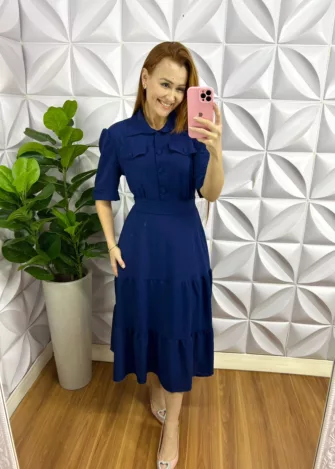 Vestido Dunna Mídi Com Botões Encapados Eliene - Azul - Milla Chic