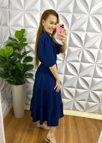Vestido Dunna Mídi Com Botões Encapados Eliene - Azul - Milla Chic