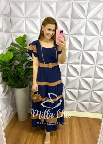 Vestido Dunna Mídi Com Marias e Cinto Bicolor Marcela - Azul Com Marrom - Milla Chic