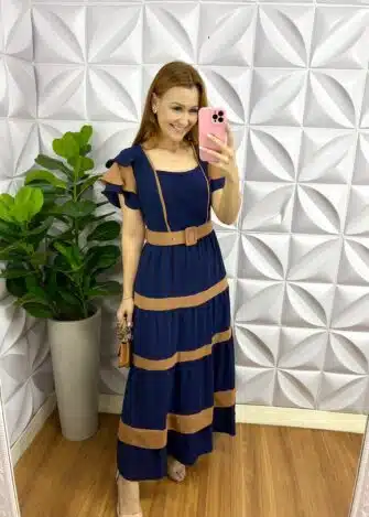 Vestido Dunna Mídi Com Marias e Cinto Bicolor Marcela - Azul Com Marrom - Milla Chic