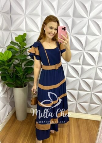 Vestido Dunna Mídi Com Marias e Cinto Bicolor Marcela - Azul Com Marrom - Milla Chic