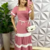 Vestido Dunna Mídi Com Marias e Cinto Bicolor Marcela - Rosa - Milla Chic