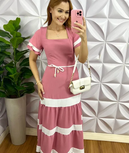 Vestido Dunna Mídi Com Marias e Cinto Bicolor Marcela - Rosa - Milla Chic