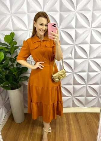 Vestido Dunna Mídi Com Botões Encapados Eliene - Mostarda - Milla Chic