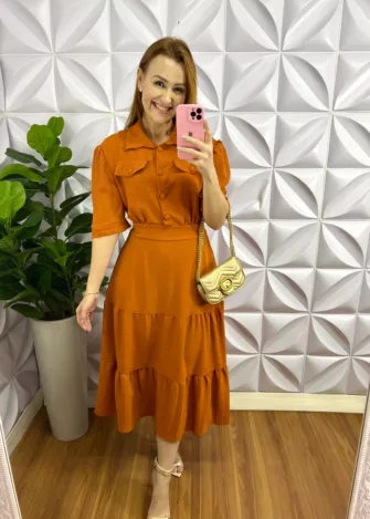 Vestido Dunna Mídi Com Botões Encapados Eliene - Mostarda - Milla Chic