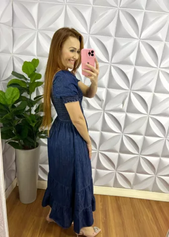 Vestido Jeans Longo Lastex Manga Princesa Stefani - Azul Escuro - Milla Chic