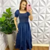 Vestido Jeans Longo Lastex Manga Princesa Stefani - Azul Escuro - Milla Chic