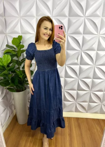 Vestido Jeans Longo Lastex Manga Princesa Stefani - Azul Escuro - Milla Chic