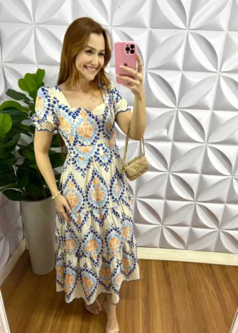 Vestido Laíse 100% Algodão Bordado Em Alto Relevo Helena - Azul - Milla Chic