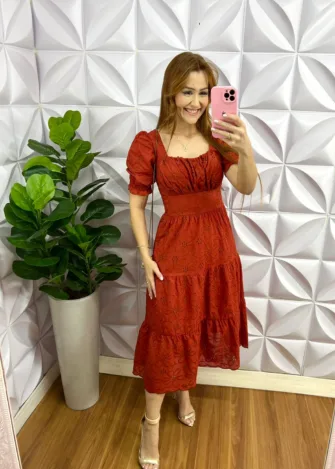 Vestido Laíse 100% Algodão Com Bojo Paula - Terra Cota - Milla Chic