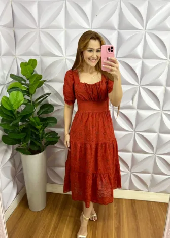 Milla Chic - millachic com br vestido laise 100 algodao com bojo paula azul 8 Vestido Laíse 100% Algodão Com Bojo Paula - Terra Cota - Milla Chic