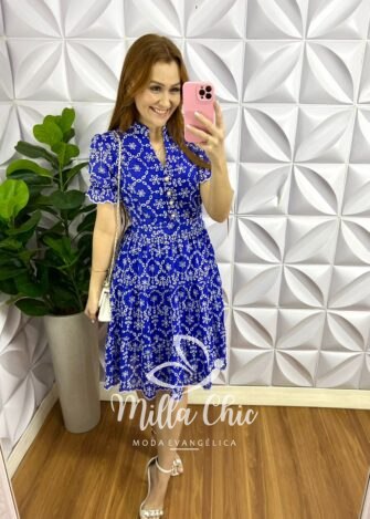 Vestido Lasie Algodão Mangas Princesa Botões De Perolas Catarina - Azul Com Branco - Milla Chic