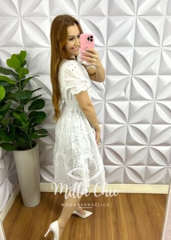 Vestido Lasie Algodão Mangas Princesa Botões De Perolas Catarina - Branco - Milla Chic