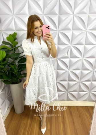 Vestido Lasie Algodão Mangas Princesa Botões De Perolas Catarina - Branco - Milla Chic