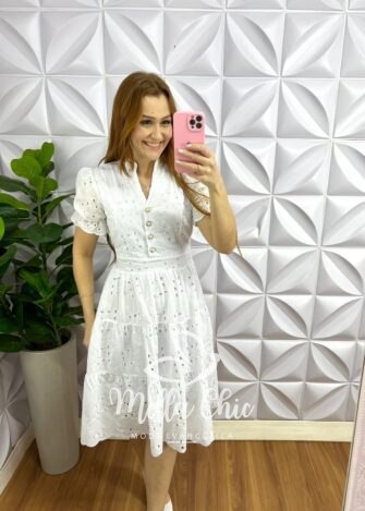 Vestido Lasie Algodão Mangas Princesa Botões De Perolas Catarina - Branco - Milla Chic