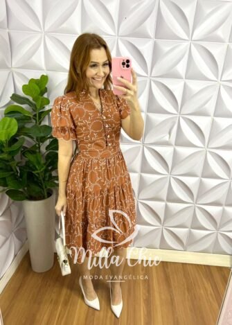 Vestido Lasie Algodão Mangas Princesa Botões De Perolas Catarina - Marrom Com Branco - Milla Chic