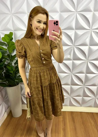 Vestido Lasie Algodão Mangas Princesa Com Botões De Perolas Catarina - Marrom Cappuccino - Milla Chic