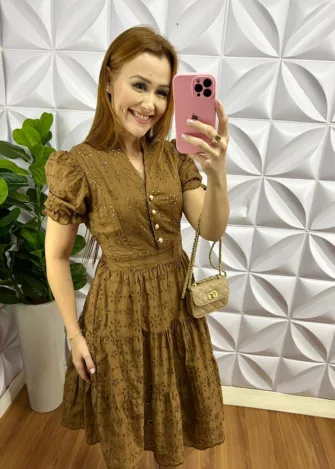 Vestido Lasie Algodão Mangas Princesa Com Botões De Perolas Catarina - Marrom Cappuccino - Milla Chic