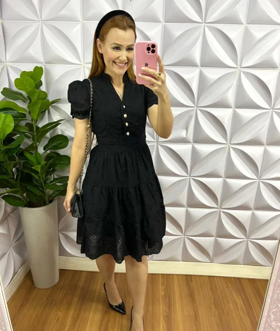 Vestido Lasie Algodão Mangas Princesa Com Botões De Perolas Catarina - Preto - Milla Chic