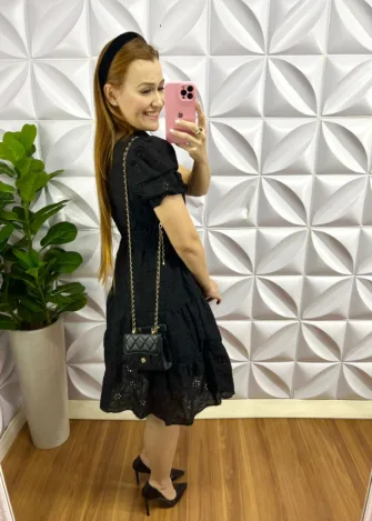 Vestido Lasie Algodão Mangas Princesa Com Botões De Perolas Catarina - Preto - Milla Chic