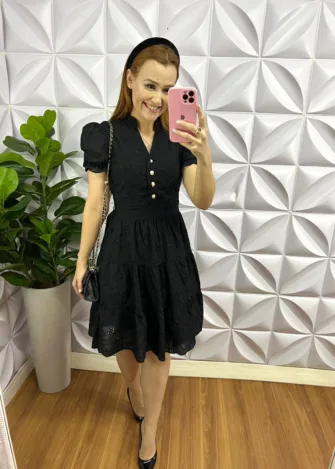 Vestido Lasie Algodão Mangas Princesa Com Botões De Perolas Catarina - Preto - Milla Chic