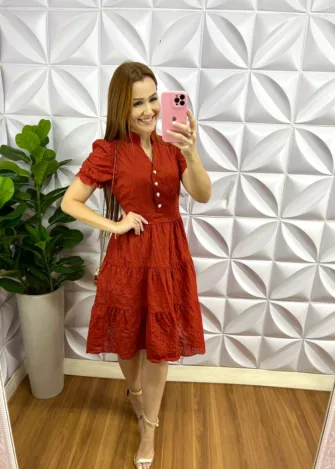 Milla Chic - millachic com br vestido lasie algodao mangas princesa com botoes de perolas catarina rose copia 4 Vestido Lasie Algodão Mangas Princesa Com Botões De Perolas Catarina - Terra Cota - Milla Chic