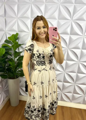 Vestido Lasie de Algodão com Cinto Encapado Emily - Areia Com Preto - Milla Chic