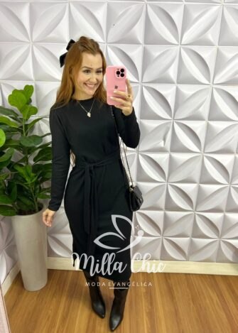Vestido Lãzinha Midi Com Fendas Laterais Elaine - Preto - Milla Chic