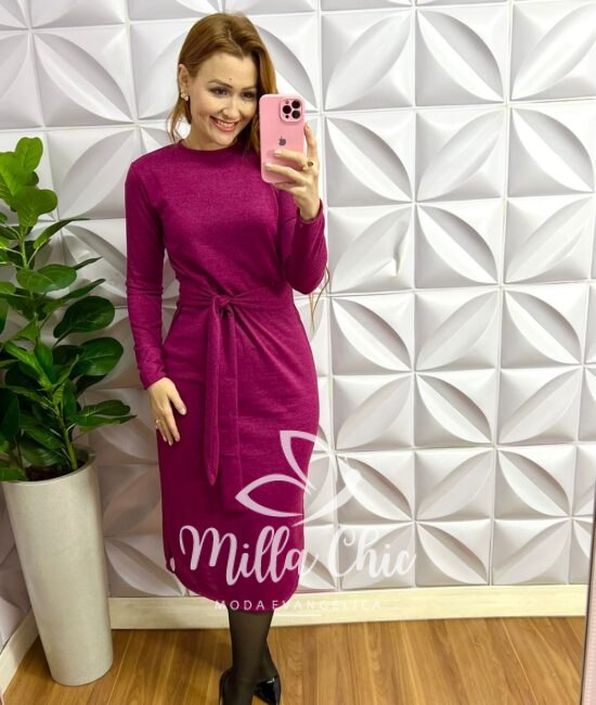 Vestido Lãzinha Midi Com Fendas Laterais Elaine - Fúcsia - Milla Chic