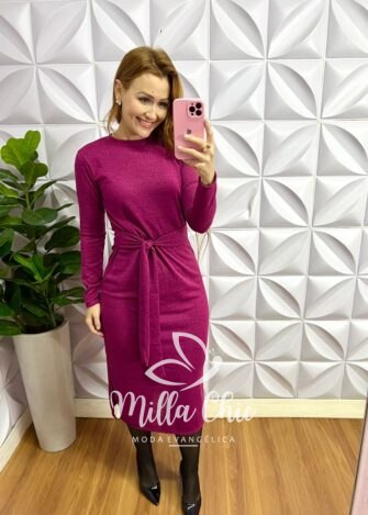 Vestido Lãzinha Midi Com Fendas Laterais Elaine - Fúcsia - Milla Chic