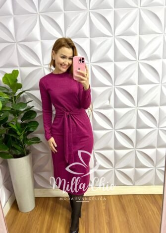 Vestido Lãzinha Midi Com Fendas Laterais Elaine - Fúcsia - Milla Chic