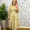 Vestido Linho Bordado Manga Princesa Mídi Luara - Amarelo - Milla Chic