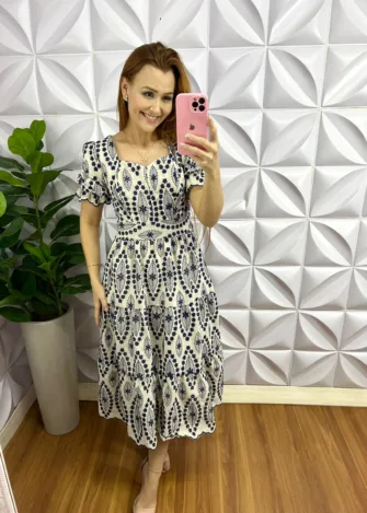 Vestido Linho Bordado Manga Princesa Mídi Luara - Azul - Milla Chic