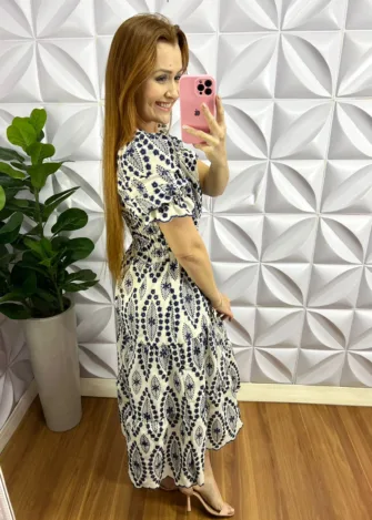 Vestido Linho Bordado Manga Princesa Mídi Luara - Azul - Milla Chic