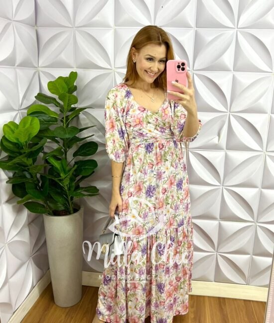 Vestido Crepe De Seda Longo Estampado Lourdes - Floral Branco - Milla Chic