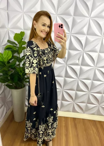 Vestido Longo Dunna Manga Raglan Margarete - Preto - Milla Chic