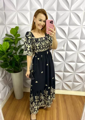 Vestido Longo Dunna Manga Raglan Margarete - Preto - Milla Chic